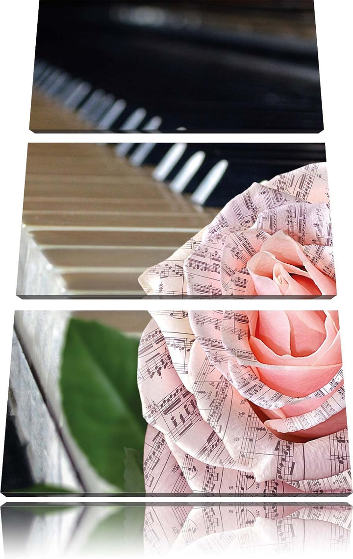 Pixxprint Noten auf zarter Rose neben Klavier 3-Teiler Leinwandbild 120x80 Bild auf Leinwand