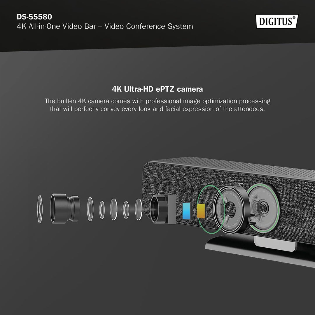 DIGITUS DS-55580 Video Bar Pro, Video-Konferenz-System – 4K UHD 30 Hz ePTZ Webcam Kamera – 1 Tischmi
