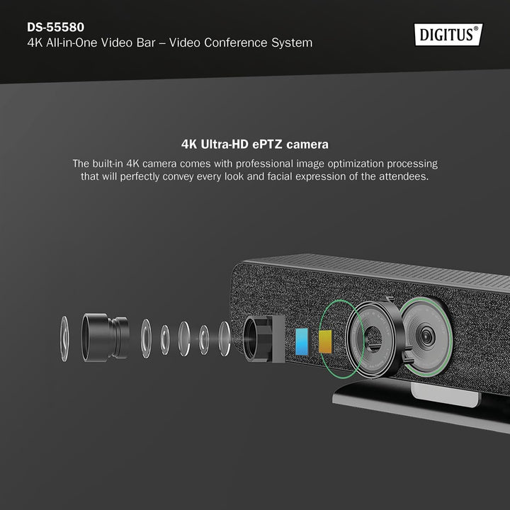 DIGITUS DS-55580 Video Bar Pro, Video-Konferenz-System – 4K UHD 30 Hz ePTZ Webcam Kamera – 1 Tischmi