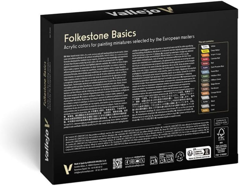 Vallejo, Acryl, 070101 Farbset, Folkstone Basics, 16 x 17 ml, Beige/Blau/Braun/Gold/Grün/Grau/Orange