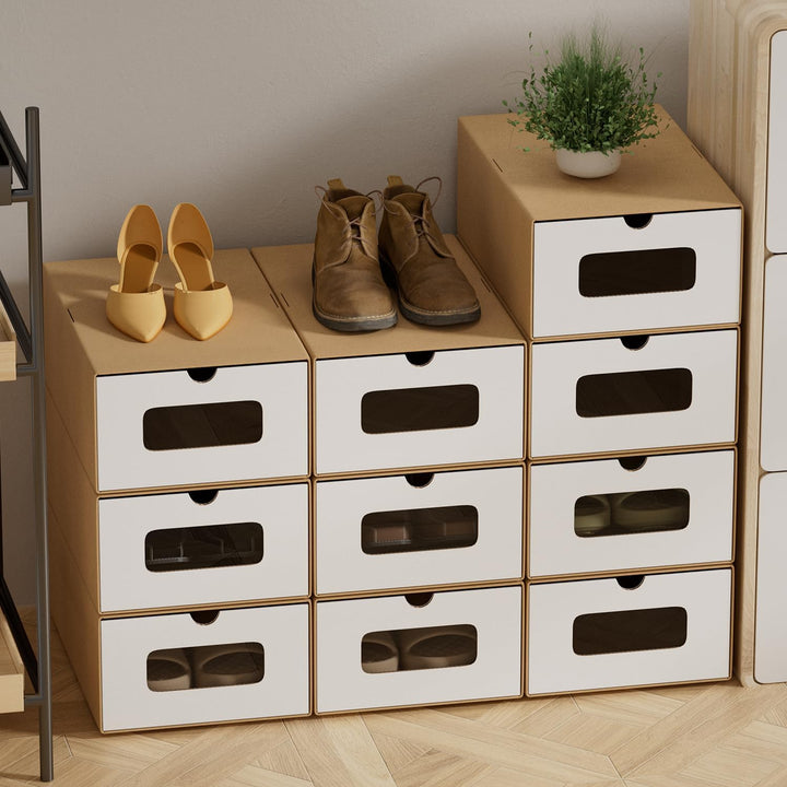 35×23×13 cm - 10x Schuhaufbewahrung Braun/Weiss mit Sichtfenster – Faltbare Schuhbox aus Kraftpapier