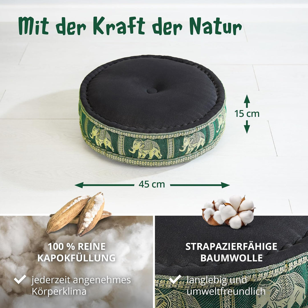 livasia Meditationskissen mit Thaiseide - Ø 45x15cm - Yogakissen mit Kapok, Pouf, Bodenkissen für Yo
