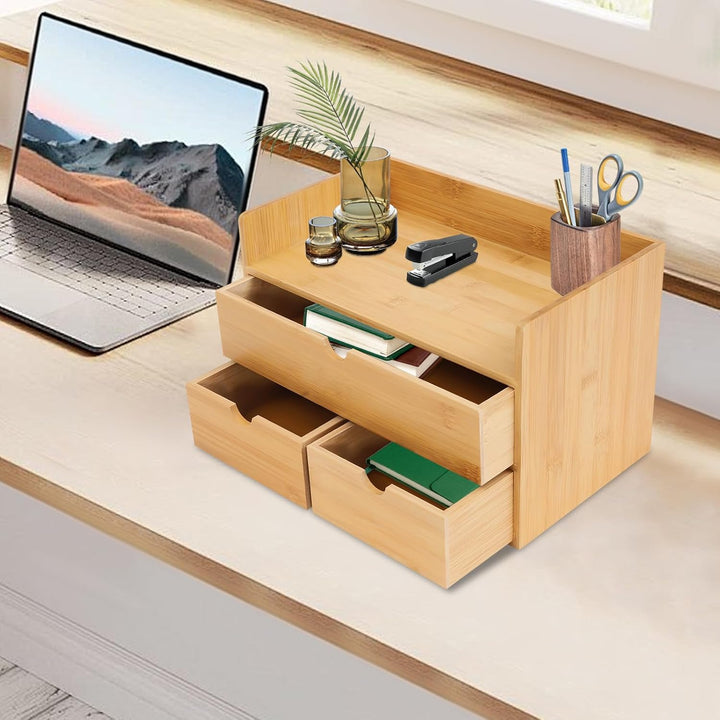Bambus Schreibtisch Organizer mit 3 Schubladen Naturbambus Aufbewahrungsbox Schubladenbox mit Platzi