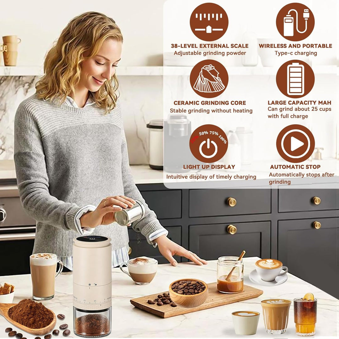 Kaffeemühle Elektrisch, USB Wiederaufladbare Tragbare Kaffemühle, Konische Mühle für Espresso mit LE