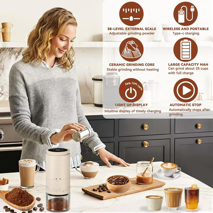 Kaffeemühle Elektrisch, USB Wiederaufladbare Tragbare Kaffemühle, Konische Mühle für Espresso mit LE
