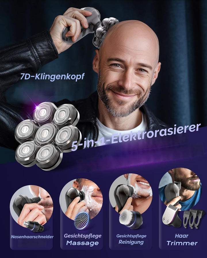 Glatzen Rasierer Herren, Upgrade-7D Kopfrasierer Glatze, Elektrischer Nass-/Trockenrasierer wasserdi