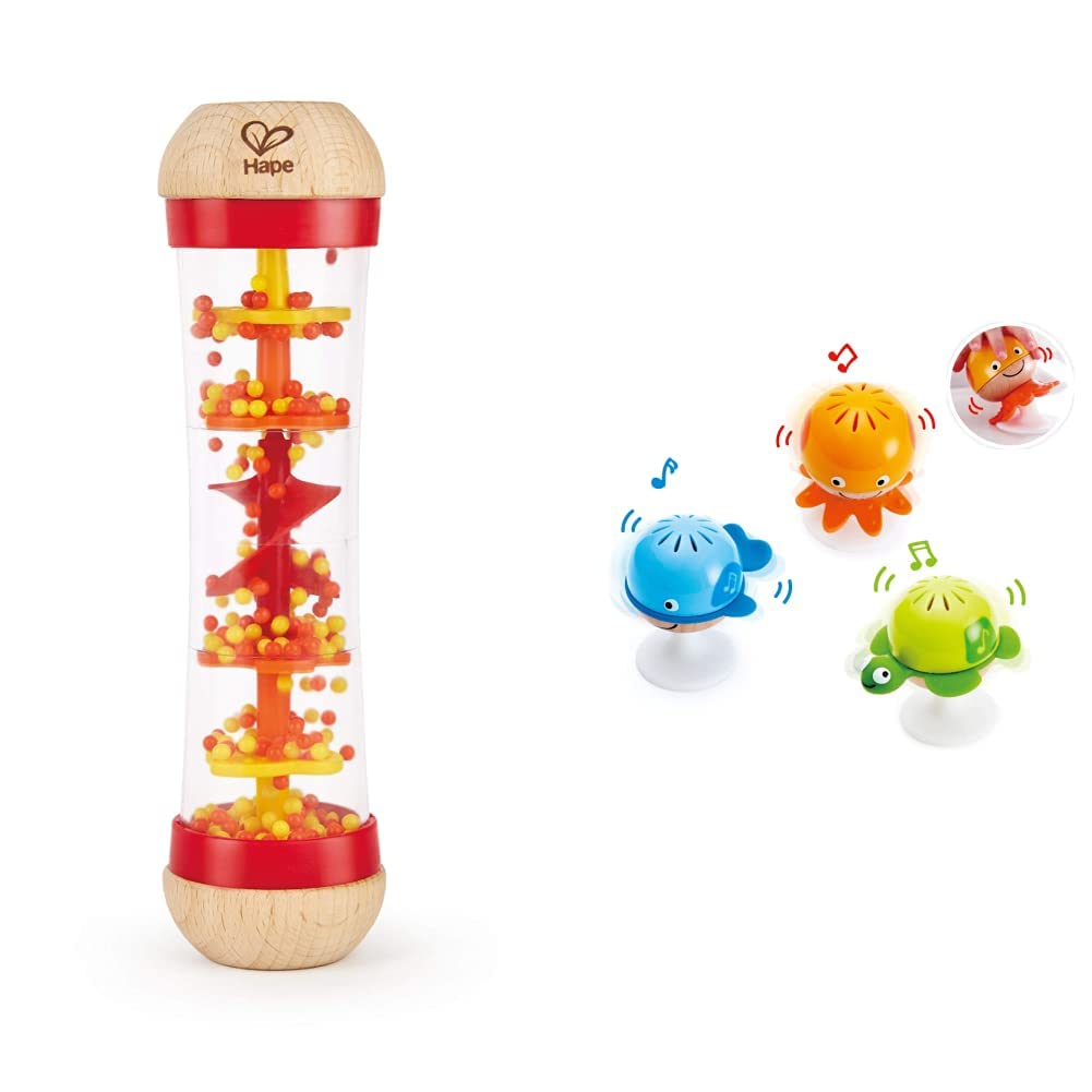 Hape Saugknopf Rasselset | DREI Wassertiere mit Beissringelementen | Lernspielzeug-Set für Babys & R