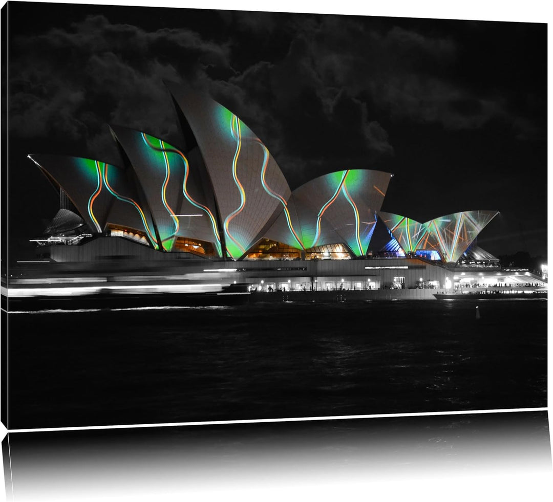 Dark beeindruckende Sydney Opera House grüne Beleuchtung schwarz/weiss auf Leinwand, XXL riesige Bil