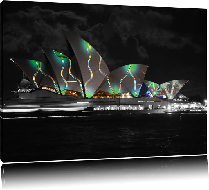 Dark beeindruckende Sydney Opera House grüne Beleuchtung schwarz/weiss auf Leinwand, XXL riesige Bil
