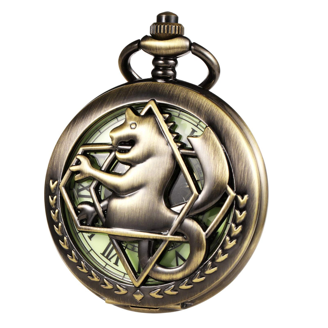 TREEWETO Unisex Taschenuhr Mechanisch Doppelter Abdeckung Fullmetal Alchemist Leuchtend Skelett Stea