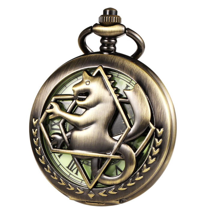 TREEWETO Unisex Taschenuhr Mechanisch Doppelter Abdeckung Fullmetal Alchemist Leuchtend Skelett Stea
