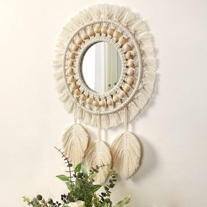 SOMYTING Makramee Wandspiegel Wanddeko Runder Spiegel Boho Hängender Wandspiegel mit Makramee Feder