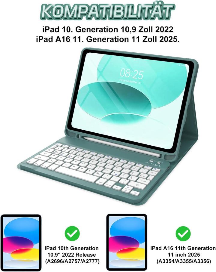 Tastatur Hülle für iPad 10 Generation/A16 11 Generation - 7-Farben Beleuchtung Keyboard Cover mit St