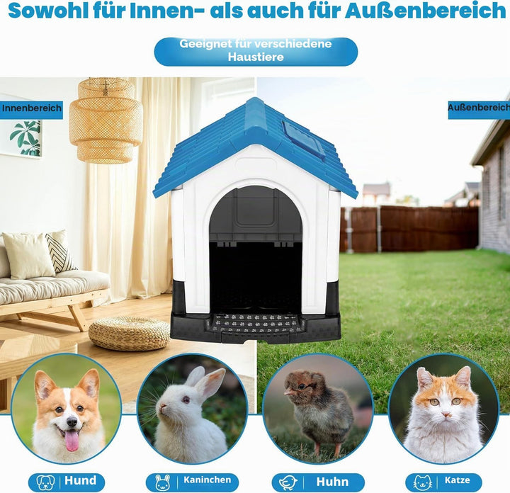 Lanco – Hundehütte für kleine Hunde mit verstellbarem Schiebedach. Innen- und Aussenbereich mit Belü