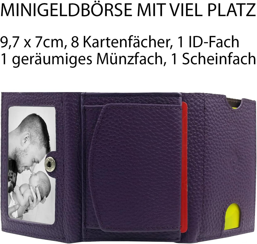 Kleines Portemonnaie Damen mini, Reise Geldbörse, viele Fächer, Echtleder lila, RFID Blocker, Münzfa