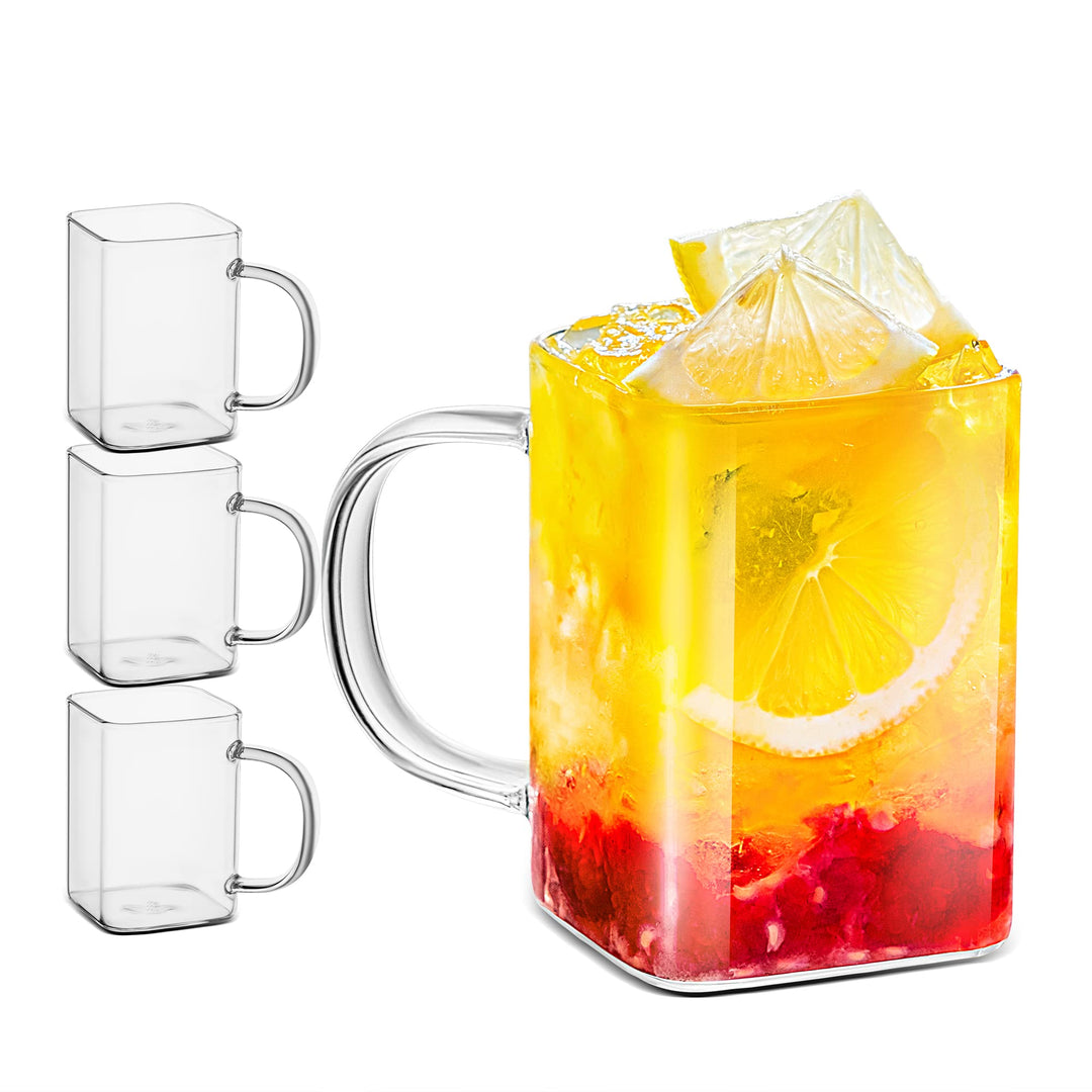LUXU Trinkgläser mit Griff, 237 ml, Set mit 4 dünnen, quadratischen Gläsern, elegante Bargläser für