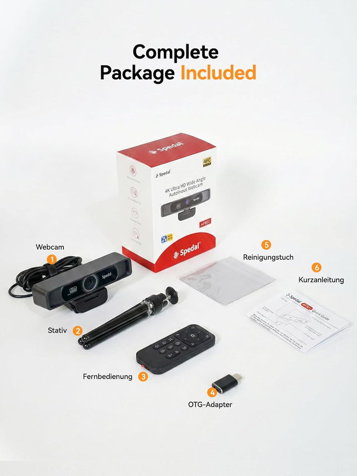 Spedal 4K Webcam with Microphone and Tripod, HD Web Camera with 120°Field of View and Remote Control