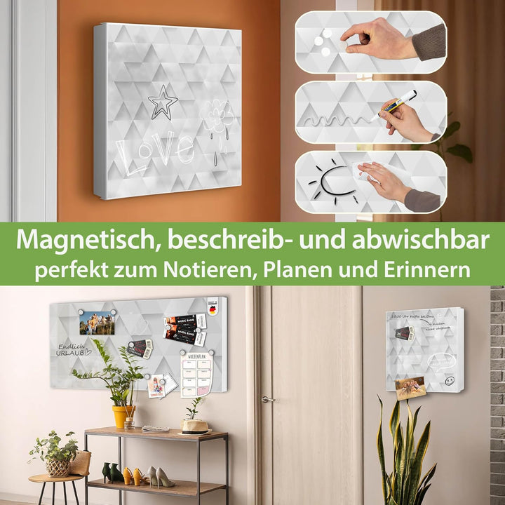 banjado® Grosser Schlüsselkasten Glas/Schlüsselbox 30cm x 30cm mit 50 Haken - Motiv Weisse Dreiecke/