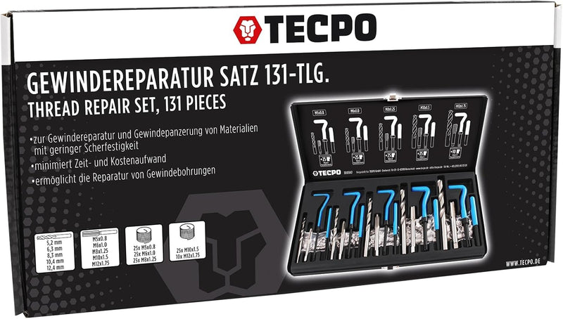 TECPO Gewinde Reparatur Set 131 Teile Gewindereparatur Werkzeug M5 M6 M8 M10 M12