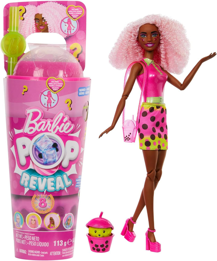 Barbie Pop Reveal Bubble Tea Serie Puppe und Zubehör, duftende Berry-Bliss-Modepuppe mit Haustier, 8