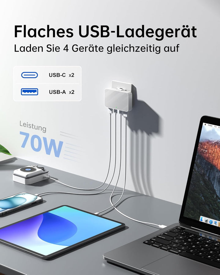 65W USB C Ladegerät Flach,USB Mehrfachstecker Ladestation mit 4 Ports,Reise Schnellladegerät USB C f