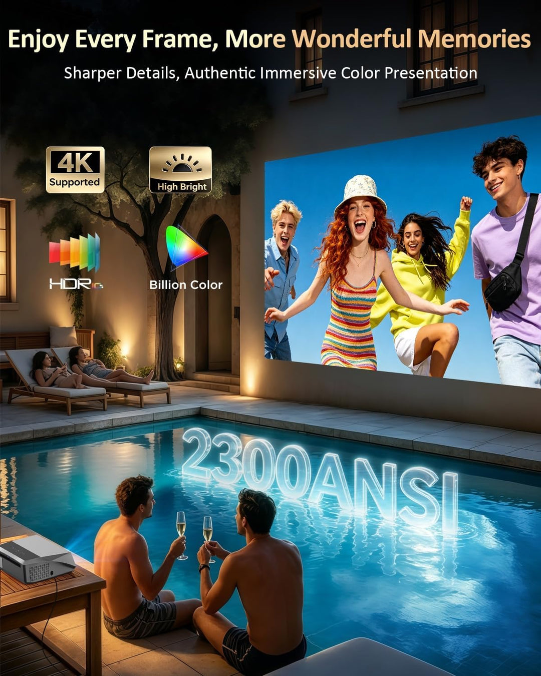 Smart Beamer 4K Wlan Bluetooth NFC, HDR LED Ultra HD 4K Beamer Heimkino Gaming 2300 ANSI Tageslicht,