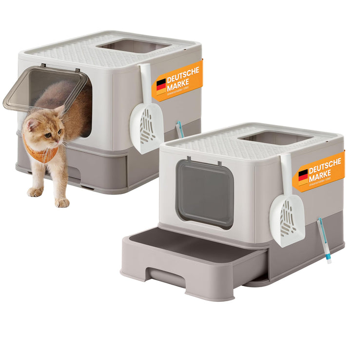 Feandrea Katzenklo 2er Set, Katzentoilette, mit Deckel, ausziehbares Tablett, Schaufel, Bürste, für