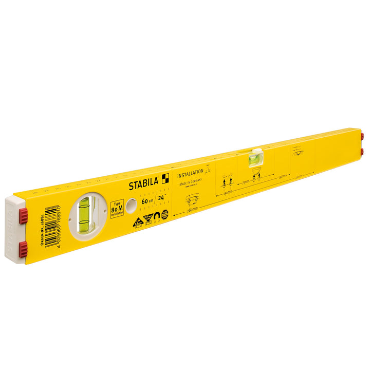STABILA Wasserwaage Type 80 M Installation, 60 cm, mit Seltenerd-Magnetsystem und Markierungshilfen