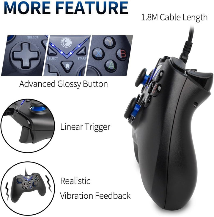 V-ONE Videospiel-Controller mit USB-Kabel für PC (Windows XP/7/8/10), Playstation 3 und Android blau