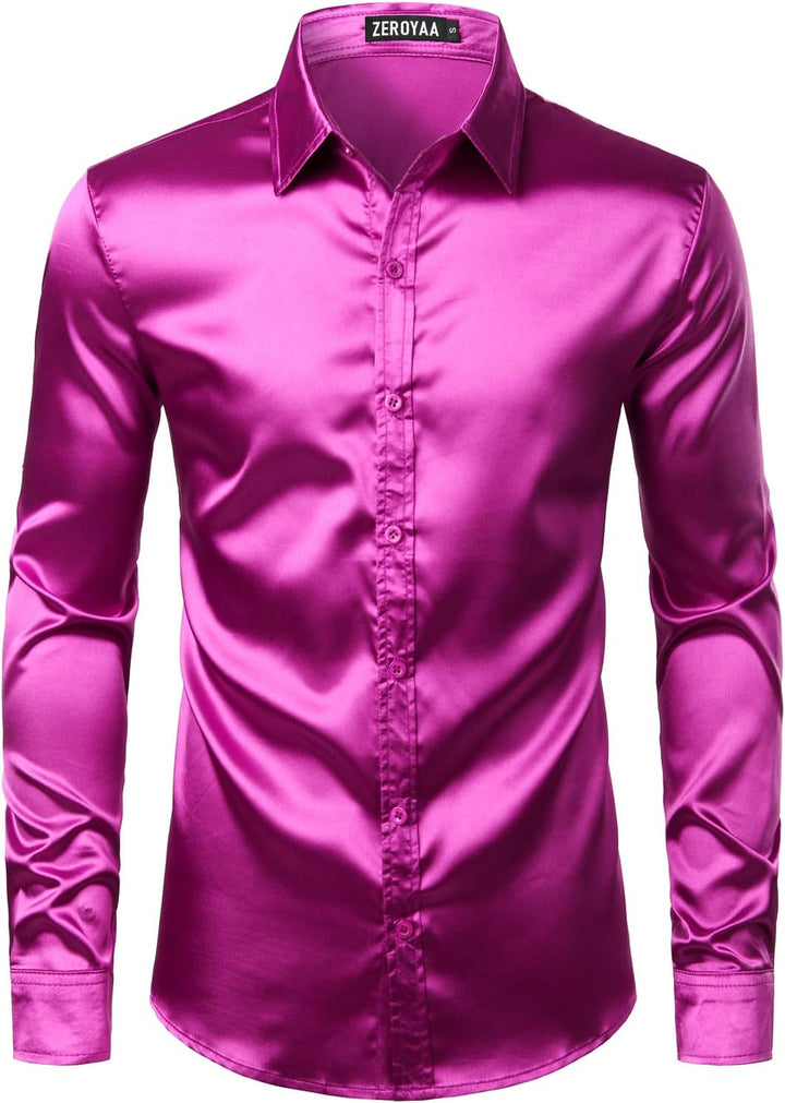PARKLEES Herren Glänzend Slim Fit Satin Langarmhemd Frezeit Business Hemd für Party Nachtclub S Lila