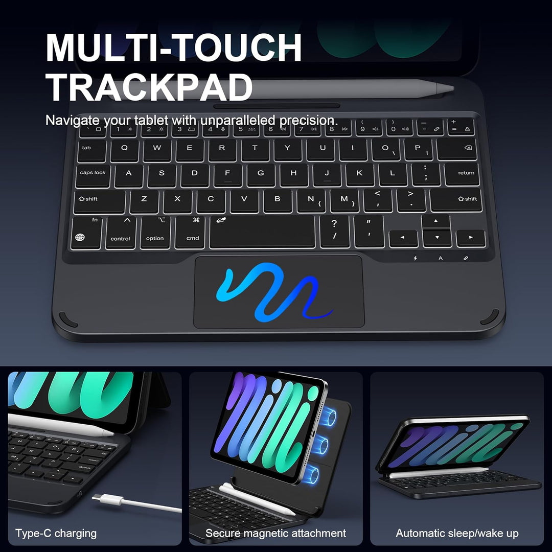 ORDA Tastatur Hülle für iPad mini 6/Mini 7 (A17 Pro), Magnetische Ständer mit Smart Trackpad Hinterg