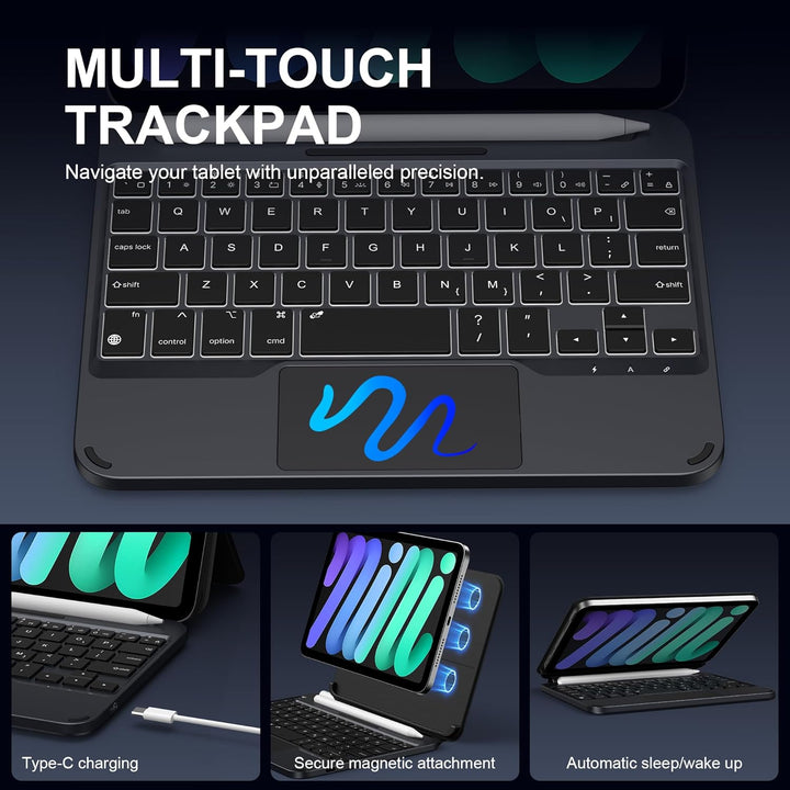 ORDA Tastatur Hülle für iPad mini 6/Mini 7 (A17 Pro), Magnetische Ständer mit Smart Trackpad Hinterg