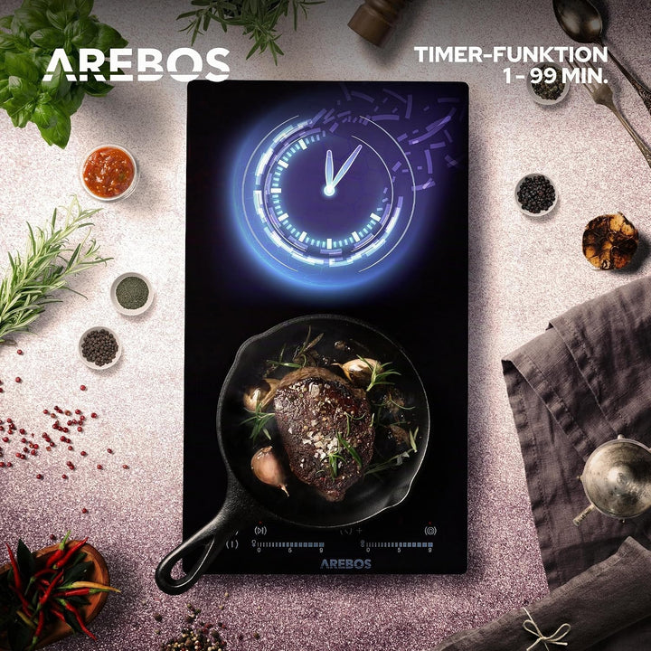 Arebos Glaskeramikkochfeld | 3000 W | 2 Kochfelder | 30cm | autark | mit Sensor Touch | Kindersicher