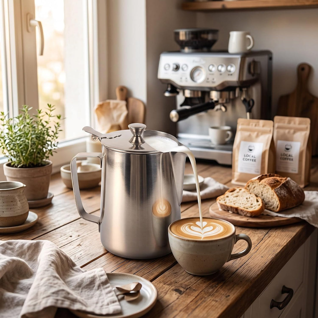 Milchkännchen mit Deckel, Milchkanne Edelstahl Milchschaumkännchen Kaffeekännchen Kännchen für Kaffe