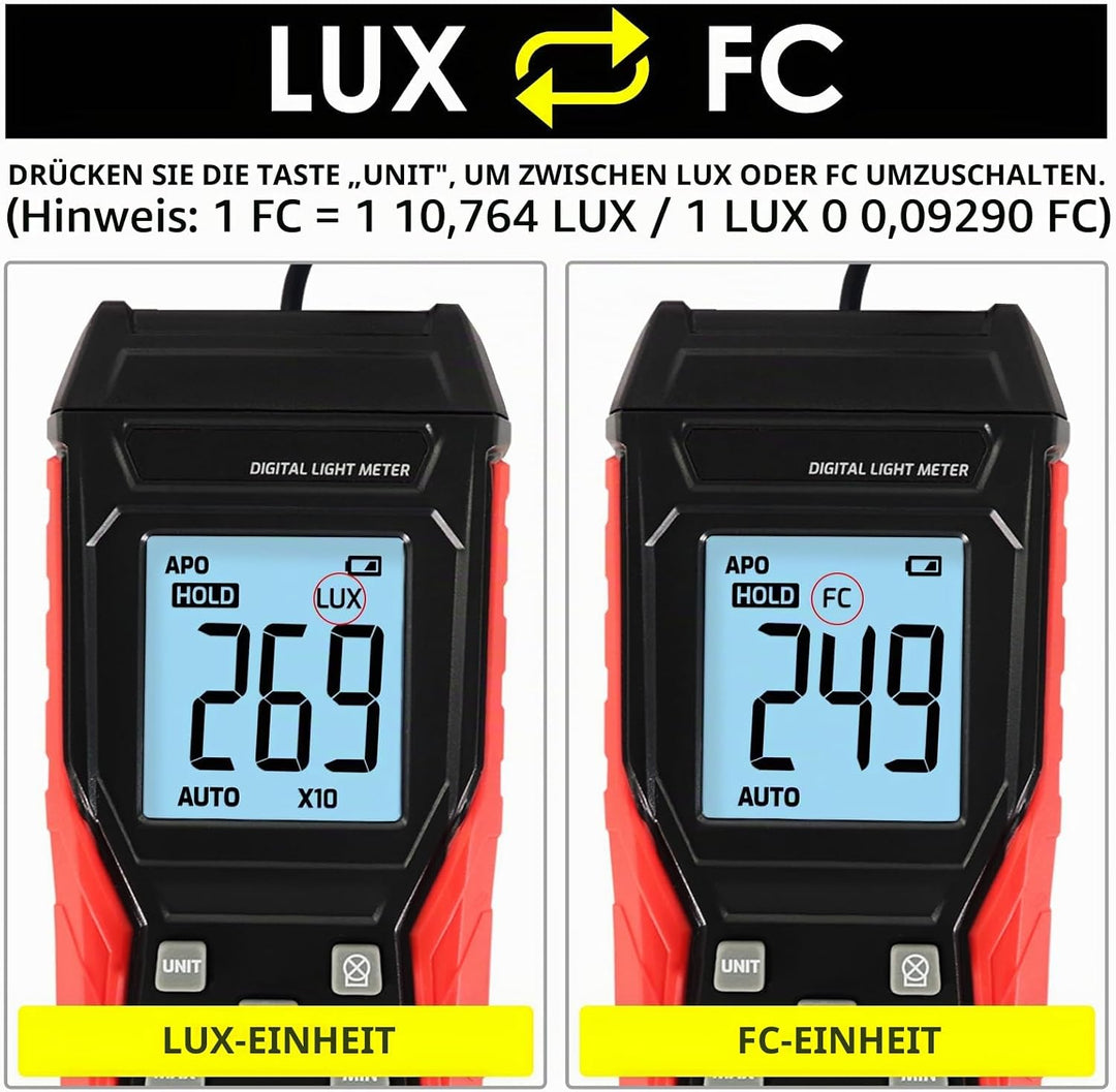Digital Luxmeter Tragbare Photometer Belichtungsmesser Beleuchtungsstärke Lichtmesser mit 200.000 Lu