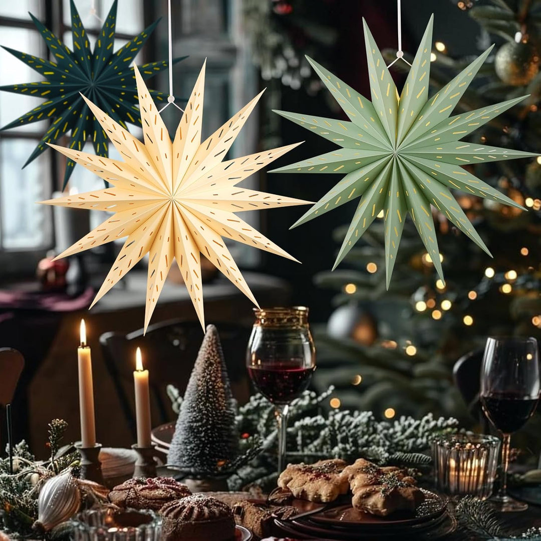 SUNBEAUTY 3er Set Papiersterne Beige 45cm Faltstern Weihnachten Deko Dunkelgrün 14 Zacken Salbeigrün