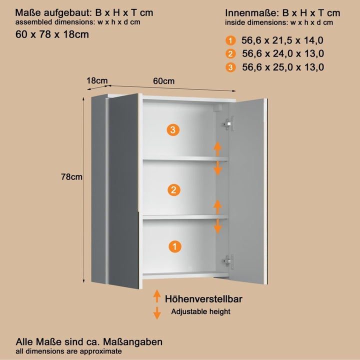 trendteam smart living - Spiegelschrank Spiegel - Badezimmer - Wons - Aufbaumass (BxHxT) 60 x 78 x 1