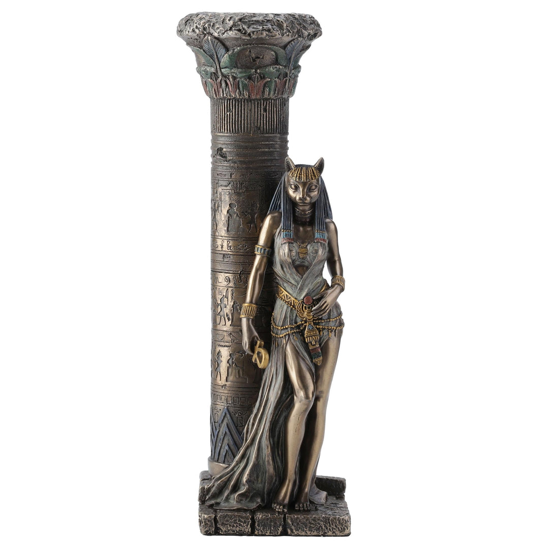 Zeckos gyptische göttin bastet auf s?ule lehnend statue Bronze 10 3/4 Inches Tall