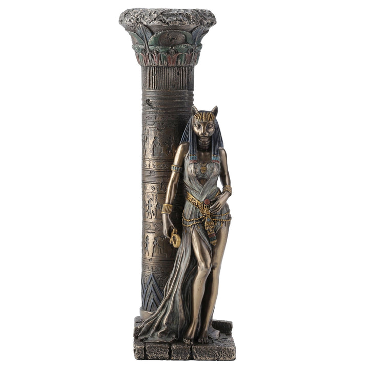 Zeckos gyptische göttin bastet auf s?ule lehnend statue Bronze 10 3/4 Inches Tall