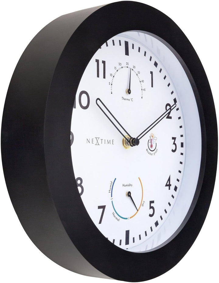 NeXtime Wall Clock (Garden/Inside) 25,5 cm-Time/Temp/Humidity-Black-Plastic Daisy, One Size