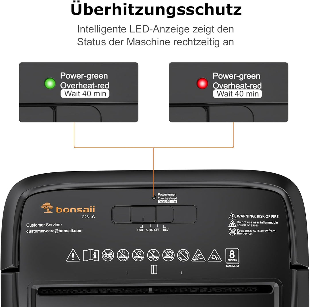 Bonsaii Aktenvernichter 8 Blatt, Papierschredder mit Sicherheitsstufe P-4, Kreuzschnitt 5 x 14 mm, S