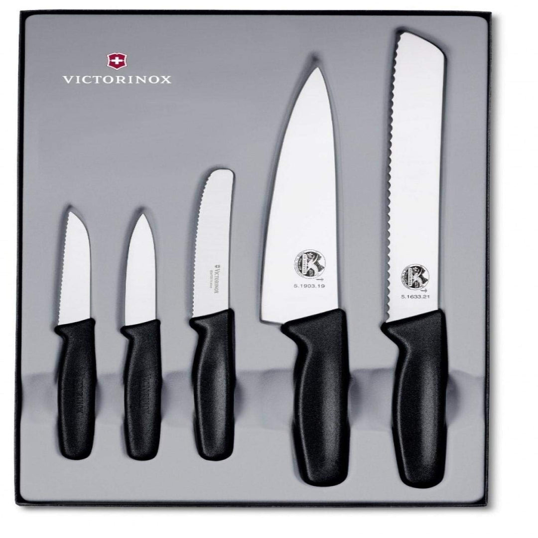 Victorinox Swiss Classic Küchengarnitur 5-teilig, Wellenschliff und gerader Schliff, schwarz, Single