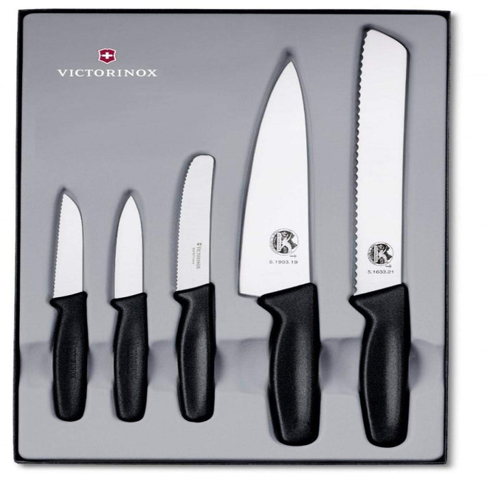 Victorinox Swiss Classic Küchengarnitur 5-teilig, Wellenschliff und gerader Schliff, schwarz, Single