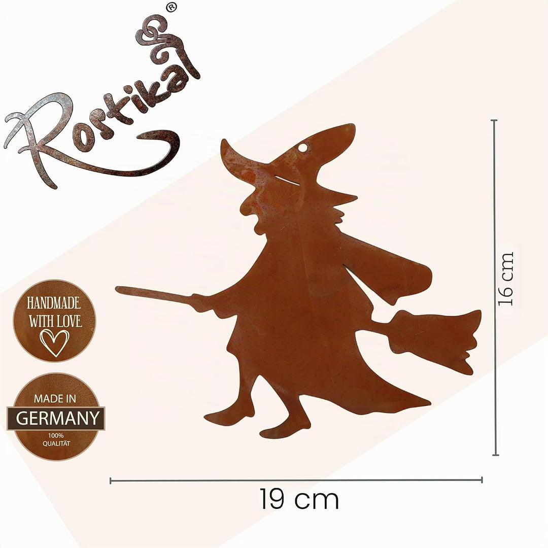 Rostikal Kleine Hexe 16 x 19 cm Hängedeko Halloween Gartendeko Rost Metall Deko Figur zum Hängen, zu