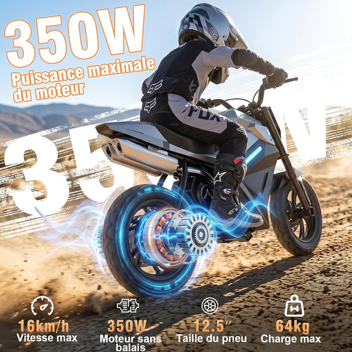 Elektro Motorrad Kinder, 16 km Reichweite, 350W Motor, E Bike Kinder | 12.5 Zoll Geländereifen, 65 k