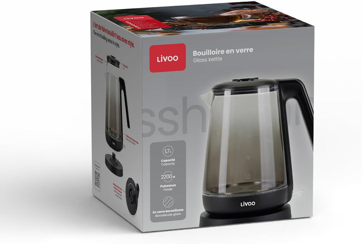Livoo - Wasserkocher aus Glas, 1,7 l, DOD216N, 1850 W, 2200 W, Borosilikatglas, Hintergrundbeleuchtu