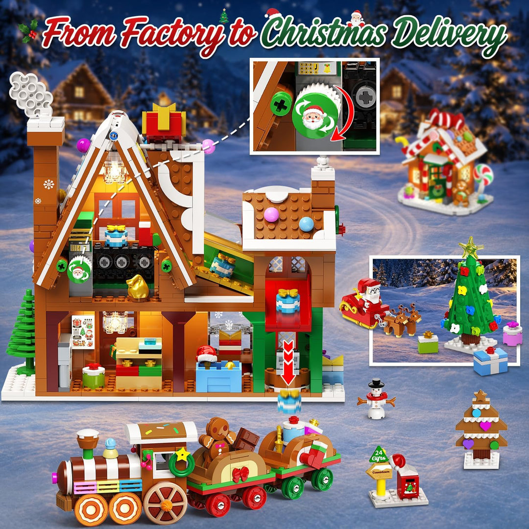 PLAXSOON Weihnachten Lebkuchenhaus Geschenkefabrik Mini Bauset mit Licht