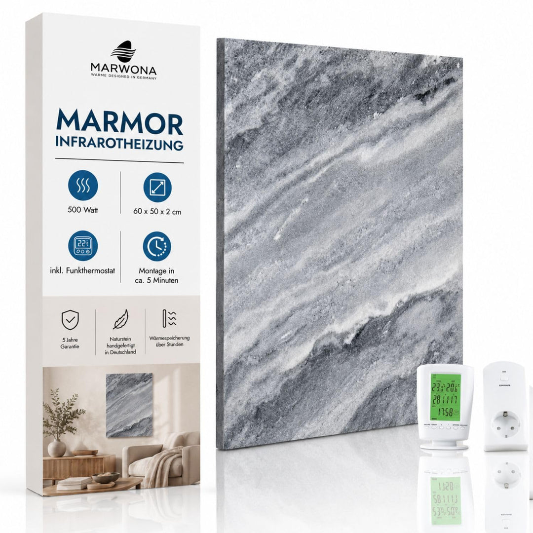 Marwona Naturstein Infrarotheizung mit Digitalthermostat I Qarama 800 W I Energiesparende Marmor Inf
