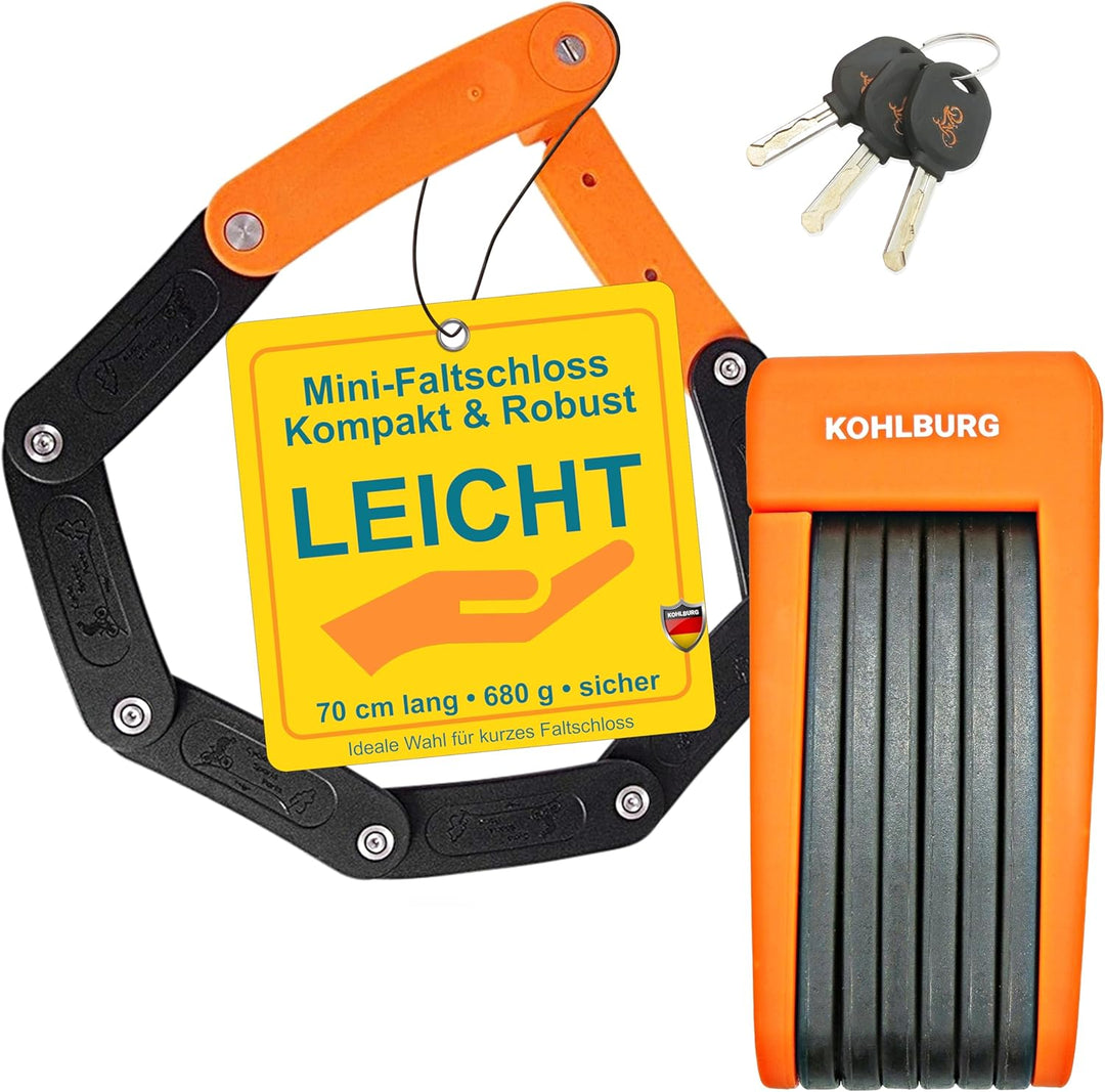 KOHLBURG leichtes & kleines Faltschloss - 690g leicht & 70cm lang - sicheres Fahrradschloss aus gehä