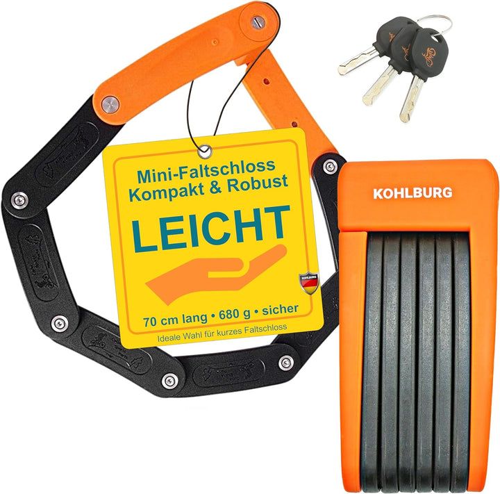 KOHLBURG leichtes & kleines Faltschloss - 690g leicht & 70cm lang - sicheres Fahrradschloss aus gehä